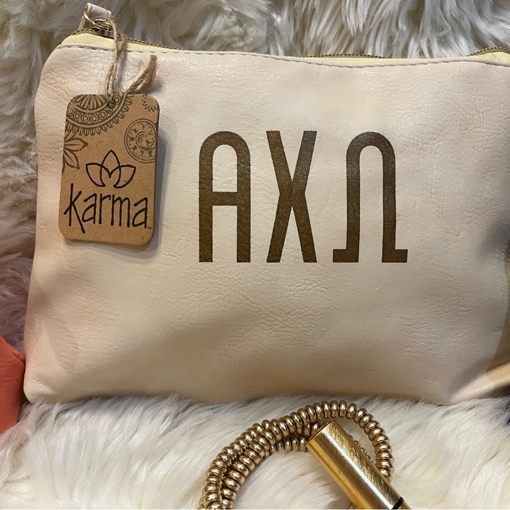 Distressed, cosmetic bag. Off-white.ΑΧΩ. Alpha Chi Omega.